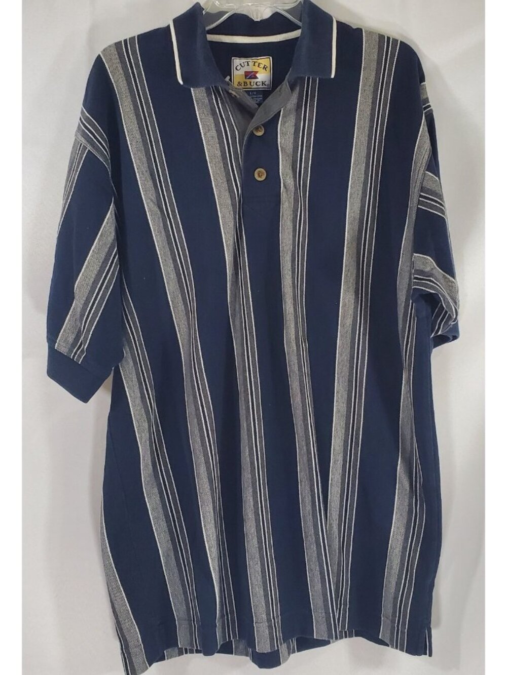 Cutter & Buck Polo Shirt Golf Blue White Striped Mens Large 100% Cotton